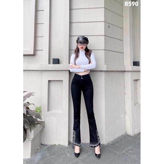 Quần jeans Nữ Ống Loe Dài Màu Đen Đính Đá Co Giãn Cao Cấp
