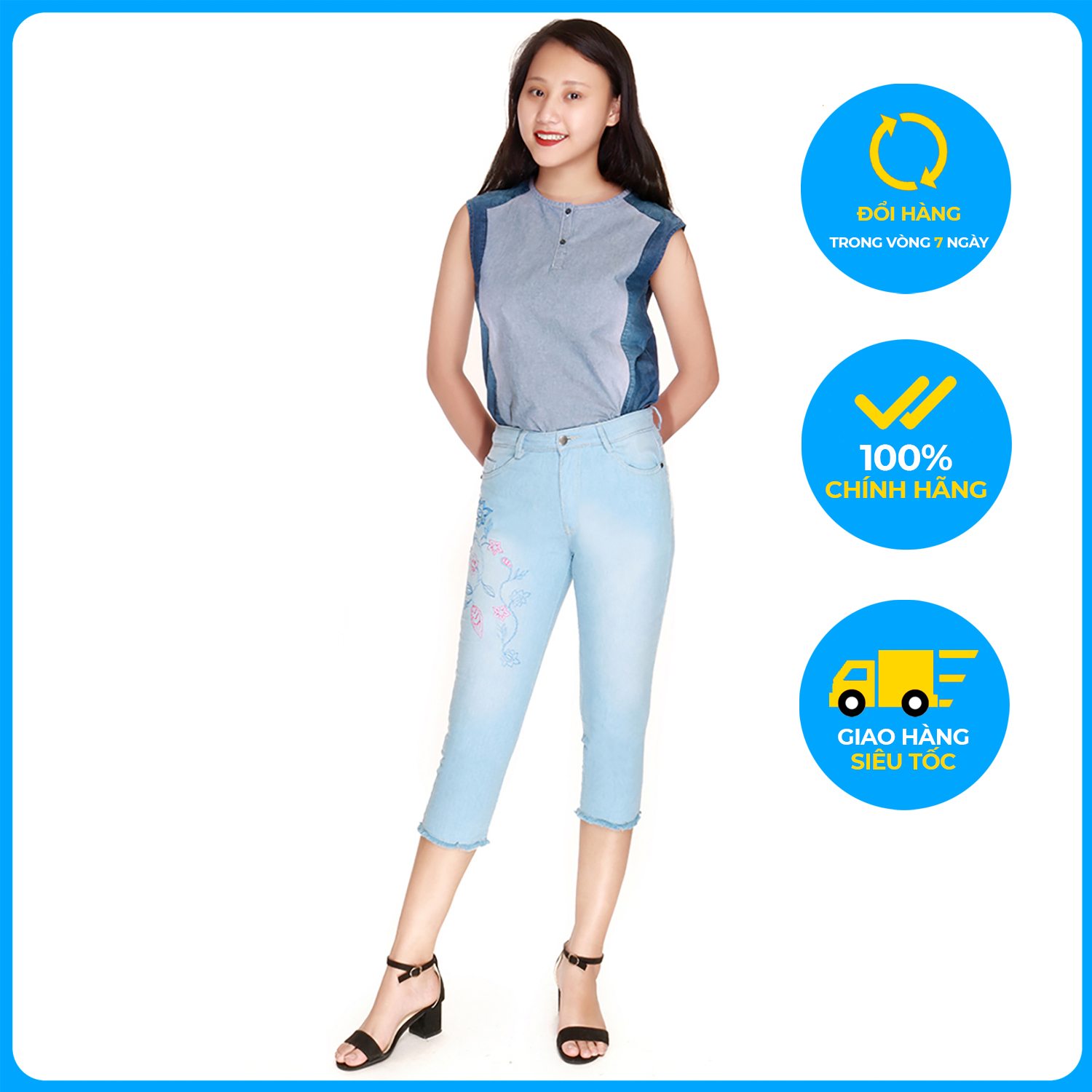 Quần ngố bò nữ Narsis P7017 màu xanh, sử dụng chất liệu Cotton cao cấp, chất vải mềm mại, thoáng mát, sản phẩm được sản xuất tại Việt Nam bởi thương hiệu thời trang nổi tiếng Narsis