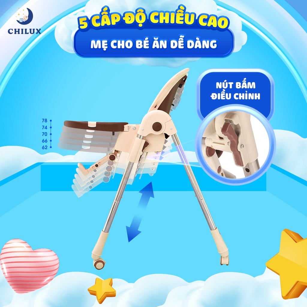 Ghế ăn dặm cho bé Chilux - Có thể gấp gọn - Bàn ăn rộng, Nhiều nấc điều chỉnh độ cao ghế