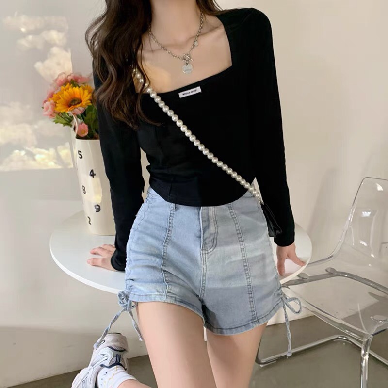 Áo Croptop Cổ Vuông Dài Tay Chất Thun Co Dãn 4 Chiều