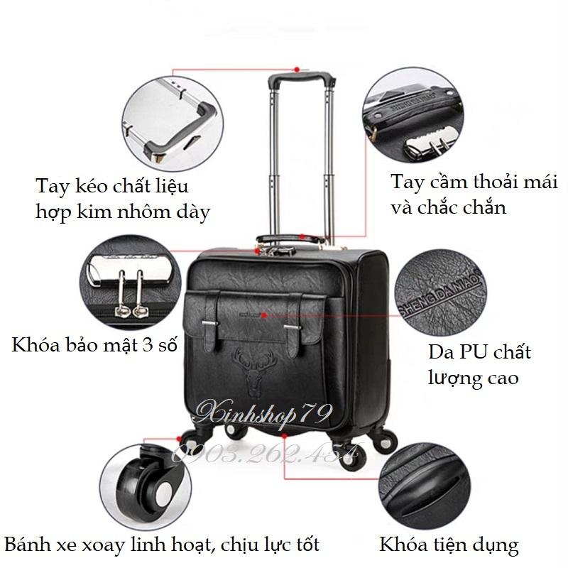 Vali kéo du lịch size 18inch, chất liệu da PU cao cấp bền đẹp, bánh xe xoay linh hoạt chịu lực tốt, có ngăn để laptop