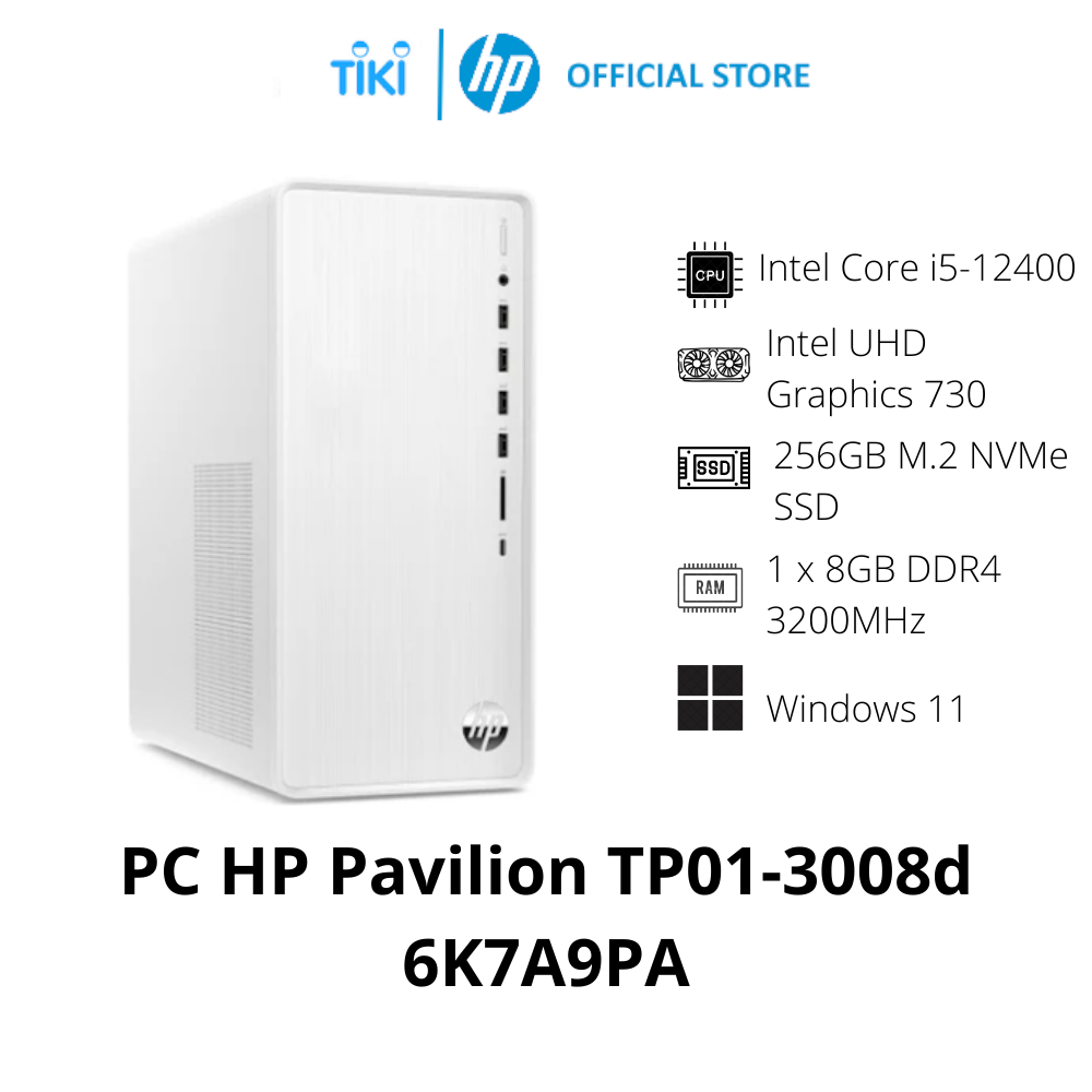 Máy tính để bàn HP Pavilion TP01-3008D 6K7A9PA Snow white (Core i5-12400, 8GB RAM, 256GB SSD, Intel Graphics, Windows 11 Home) - Hàng Chính Hãng