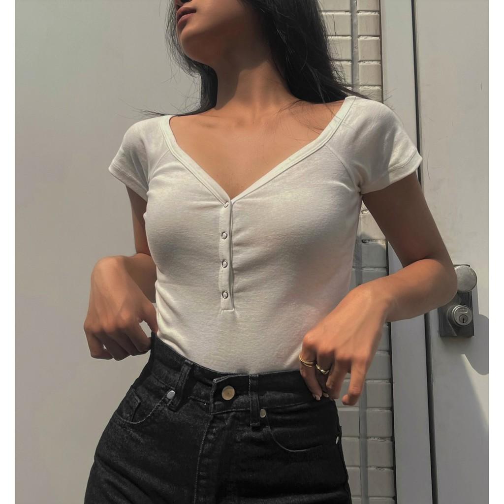 Button V-neck Short Sleeves - White