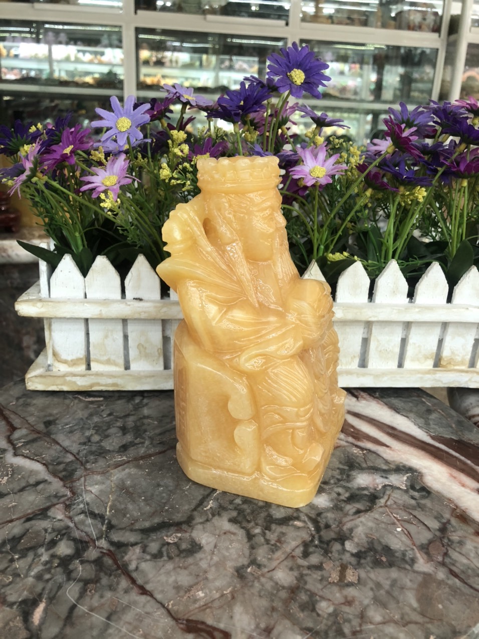Tượng ông Kim Tiền cầm thỏi vàng kim nguyên bảo mang lại may mắn tài lộc đá ngọc hoàng long đặt bàn thờ - Cao 15 cm