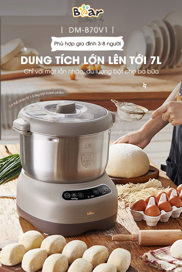 Máy Nhào Bột Bear 7L Đa Năng Ủ Bột, Trộn Bột, Nhồi Bột Nhanh Công Suất Lớn Bảo Hành Chính Hãng 18 Tháng - DM-B70V1 - Hàng Chính Hãng