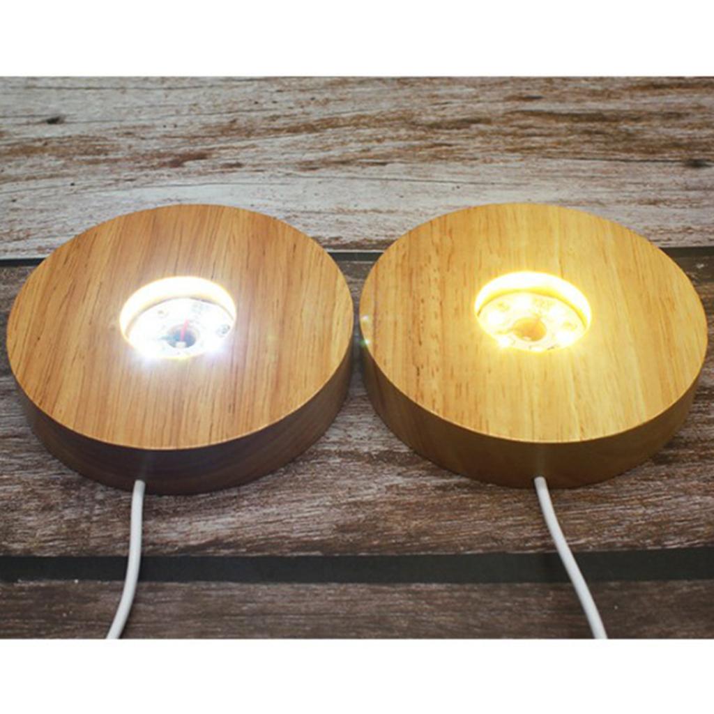 2xWooden Round LED Light Base Display Stand Lamp for Crystals Ball White Light