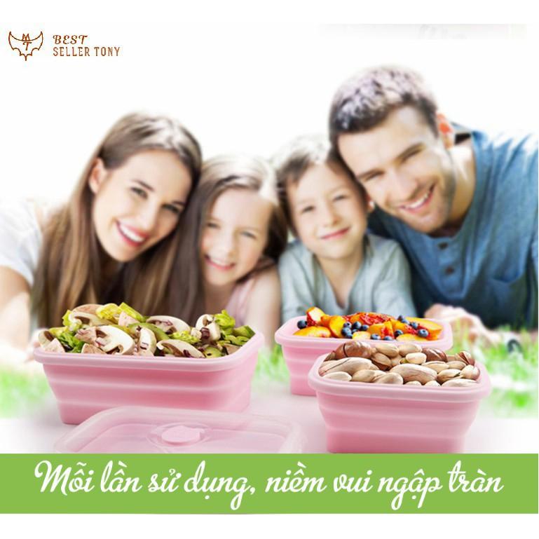 Bộ 3 hộp đựng thức ăn Silicon xếp gọn Baby hồng phần