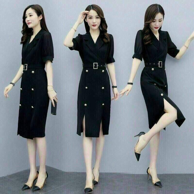 Đầm Đen Cổ Vest Sang Trọng, Phối Đá Đính Dọc Thân Kèm Belt Rời, Đủ Size
