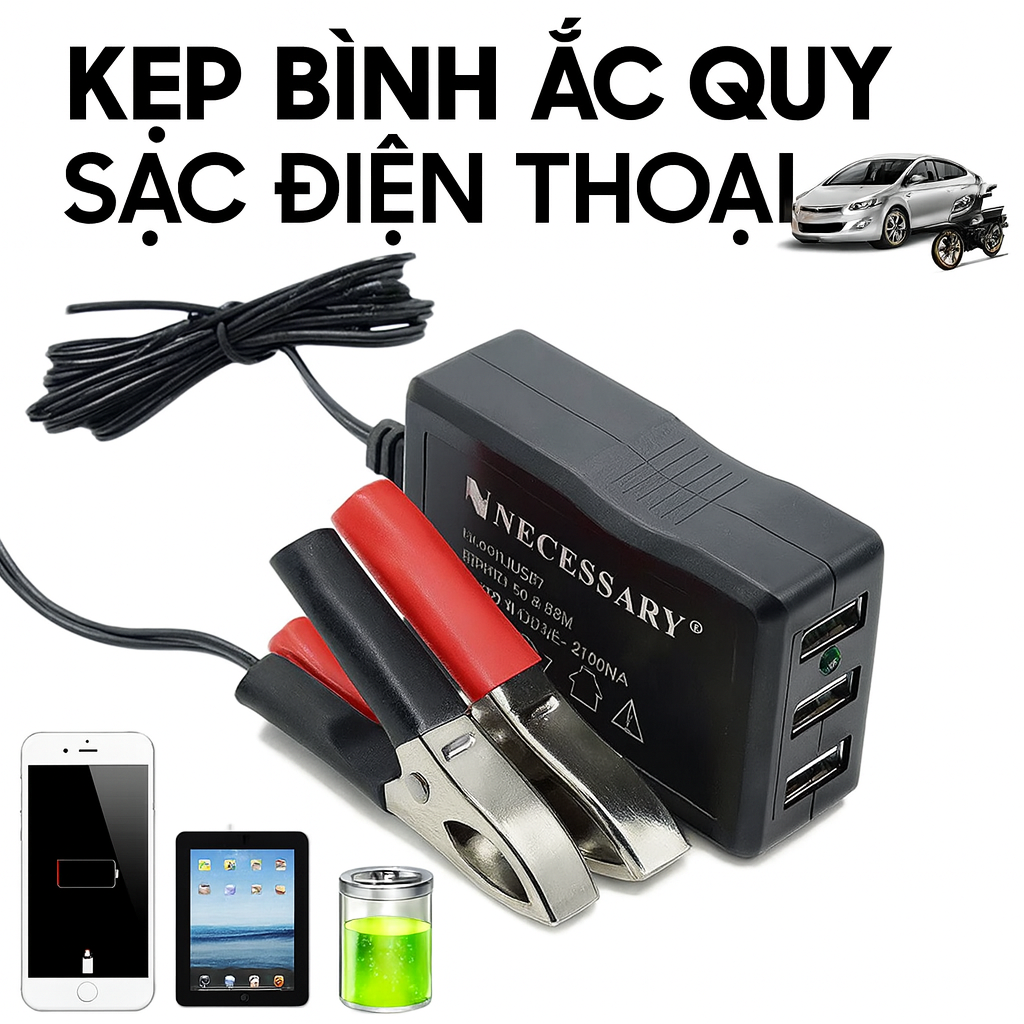 Kẹp Bình Ắc Quy Sạc Điện Thoại 3 Cổng USB – Tự Ngắt Bảo Vệ, Loại Xịn Sạc Nhanh Siêu Bền