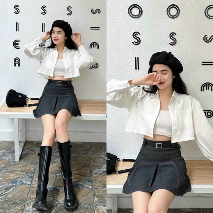 ĐẦM SET ÁO CROPTOP SƠ MI KHOÁC LỬNG TAY DÀI + ÁO ỐNG + CHÂN VÁY NGẮN LƯNG CAO XẾP LY CHỮ A MIDI ĐI TIỆC ĐI CHƠI NOEL DẠO PHỐ GIÁNG SINH ĐI BIỂN