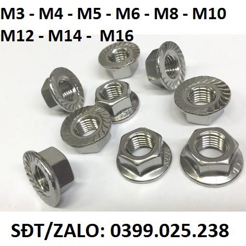 Combo 10 con đai ốc, ecu liền long đen inox . M3 M4 M5 M6 M8 M10 M12 M14 M16