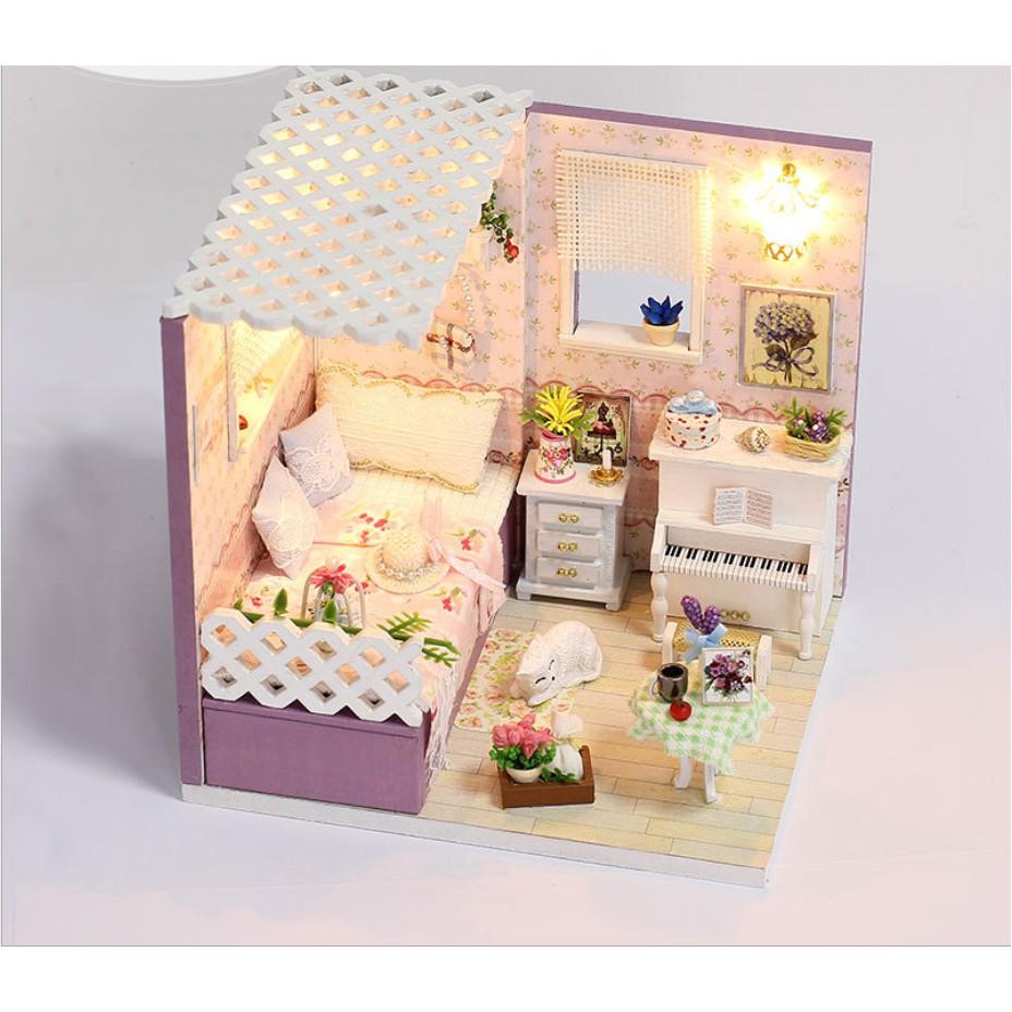 Nhà gỗ búp bê DIY - Góc phòng ngủ của cô nàng lãng mạn với mèo trắng và piano trắng tinh khôi-Love in Budapest