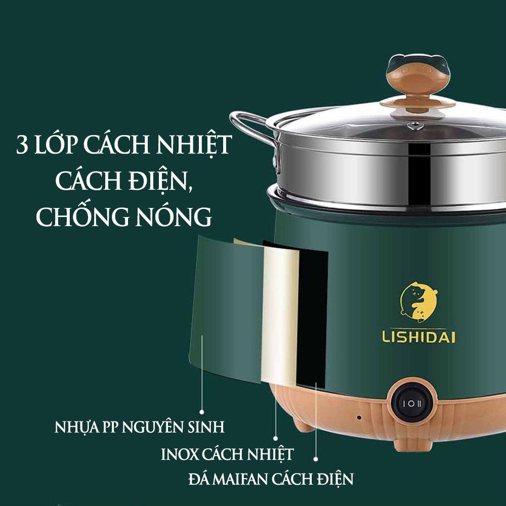 XANH RÊU VĨ NHÔM)- Nồi điện mini 2 tầng đa năng SHANBAN tặng kèm khay hấp - Nồi lẩu chống dính 1,8 lít cho 1-2 người ăn - JL