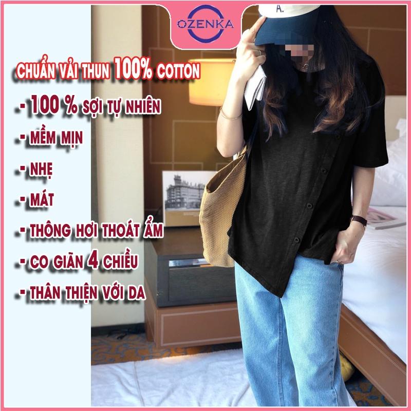 Áo thun rộng nữ tay ngắn cổ tròn sẻ tà, áo phông rộng phong cách hàn quốc 100% cotton màu đen trắng dưới 55 kg