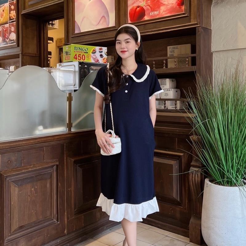 Đầm Bầu Polo Dáng Suông Cổ Sen Phối Viền Bèo Dễ Thương, Trẻ Trung Diện Mùa Hè - Đen