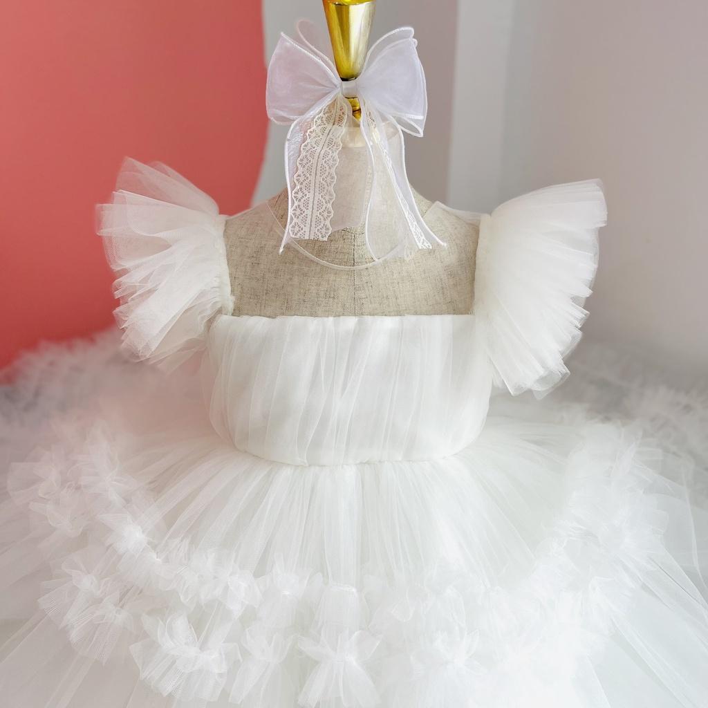 Váy công chúa đầm công chúa thiết kế cao cấp cho bé gái màu trắng nhún ren chân váy