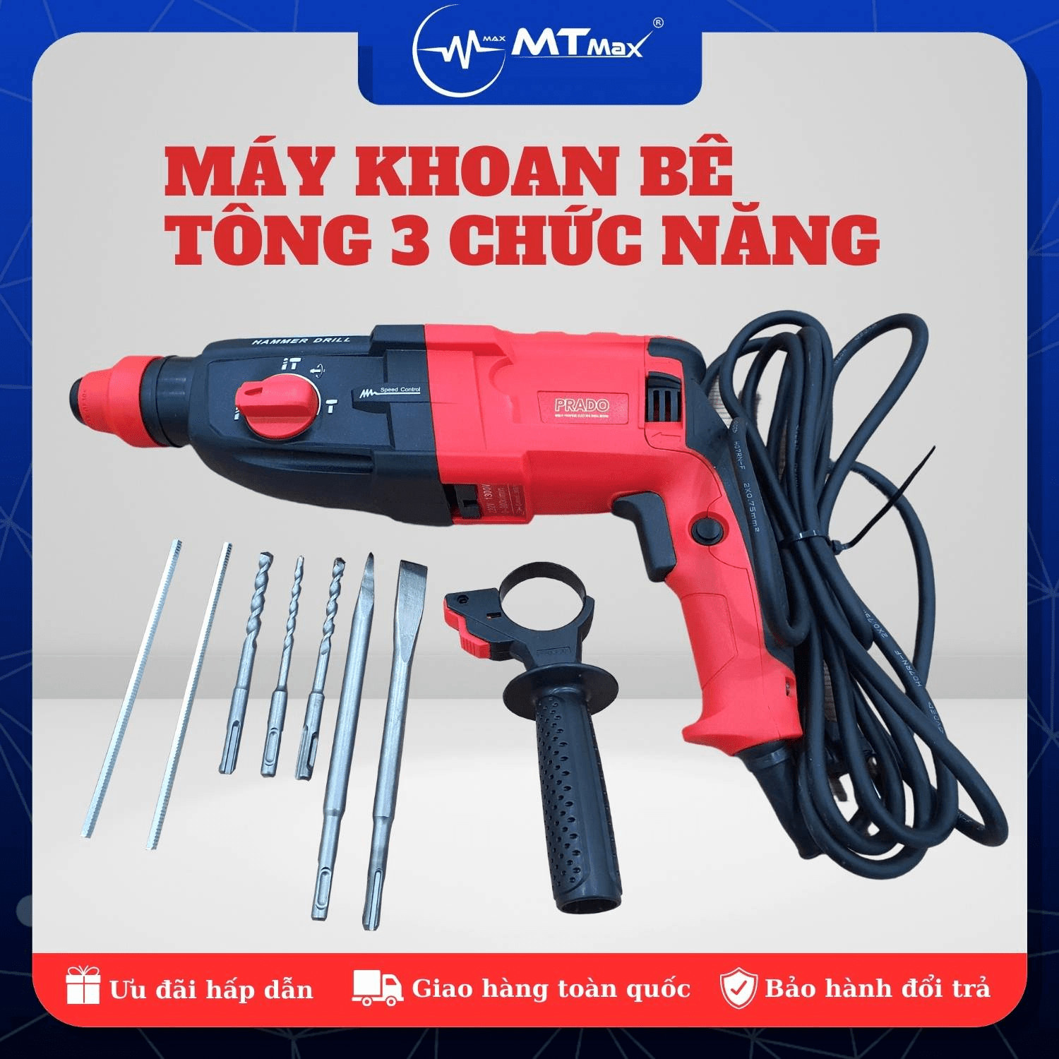 Máy Khoan Bê Tông 3 chức năng PRADO 1300W - Tặng đầu chuyển nhanh-Máy khoan thích hợp nhiều chất liệu tường