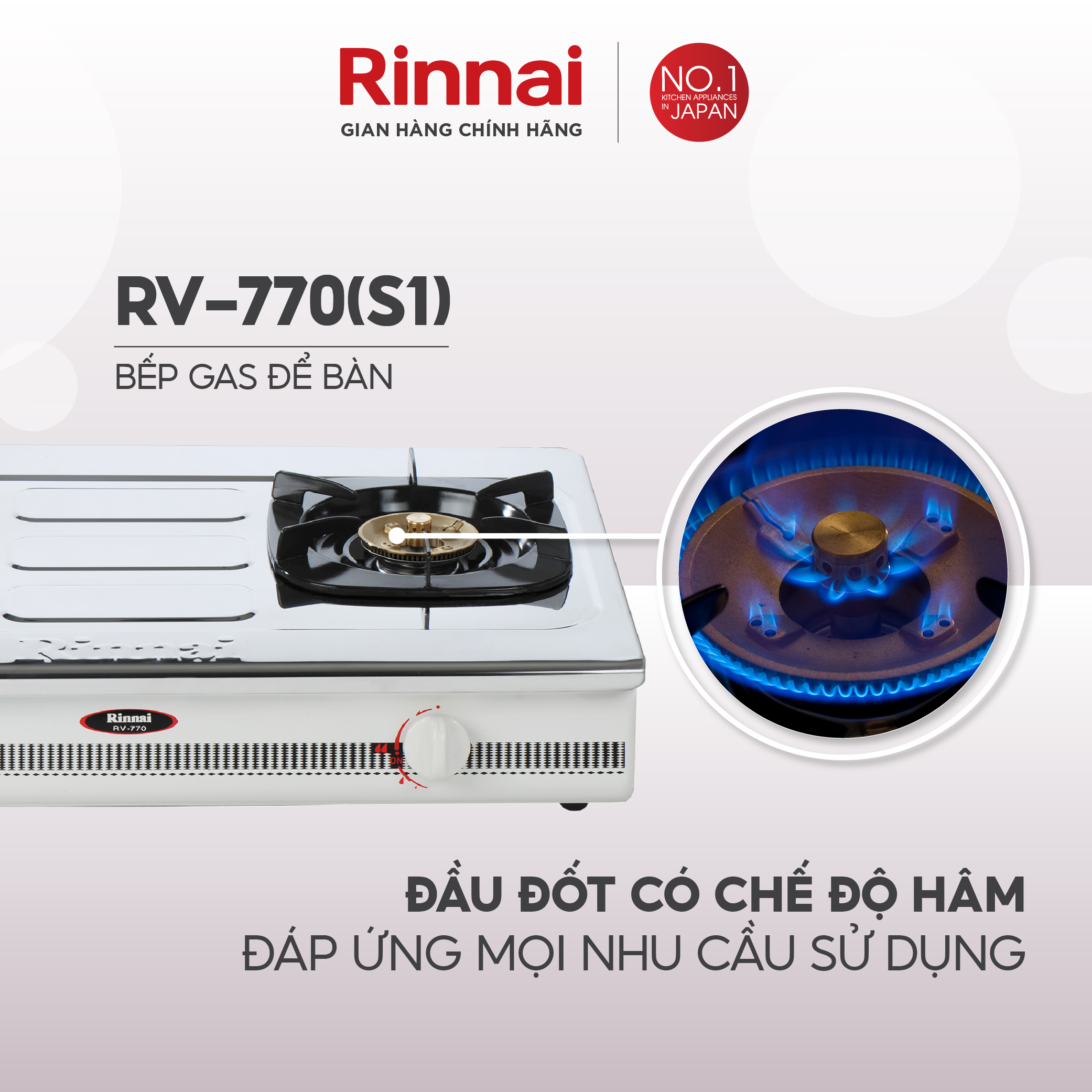 Bếp gas dương Rinnai RV-770 mặt bếp inox và kiềng bếp men - Hàng chính hãng.