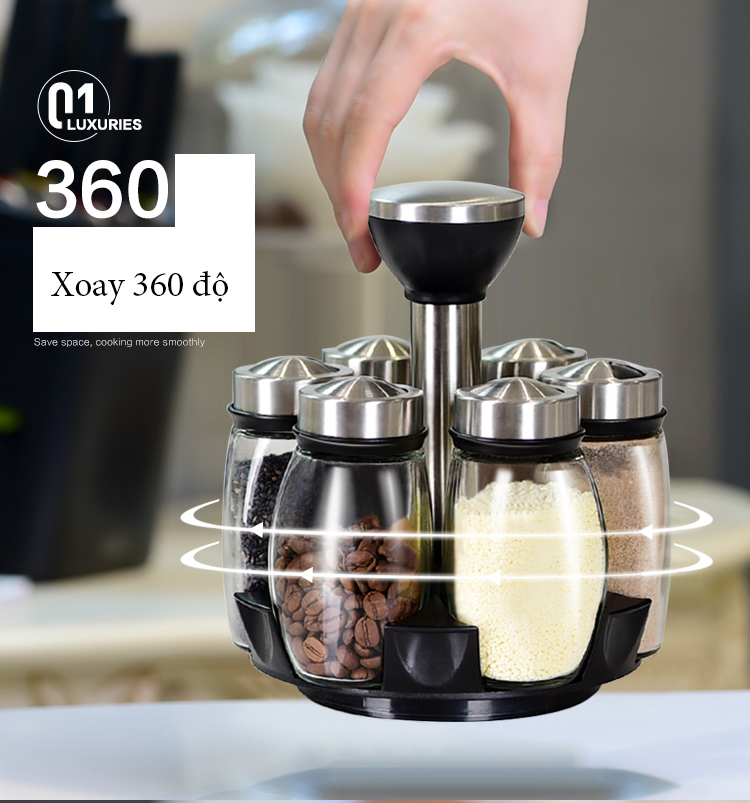 Bộ đựng gia vị 6 lọ xoay 360 độ