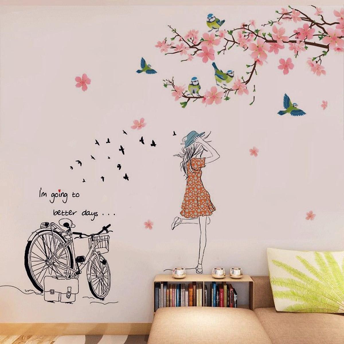 DECAL DÁN TƯỜNG CÀNH ĐÀO HỒNG VÀ CÔ GÁI XE ĐẠP - HP899
