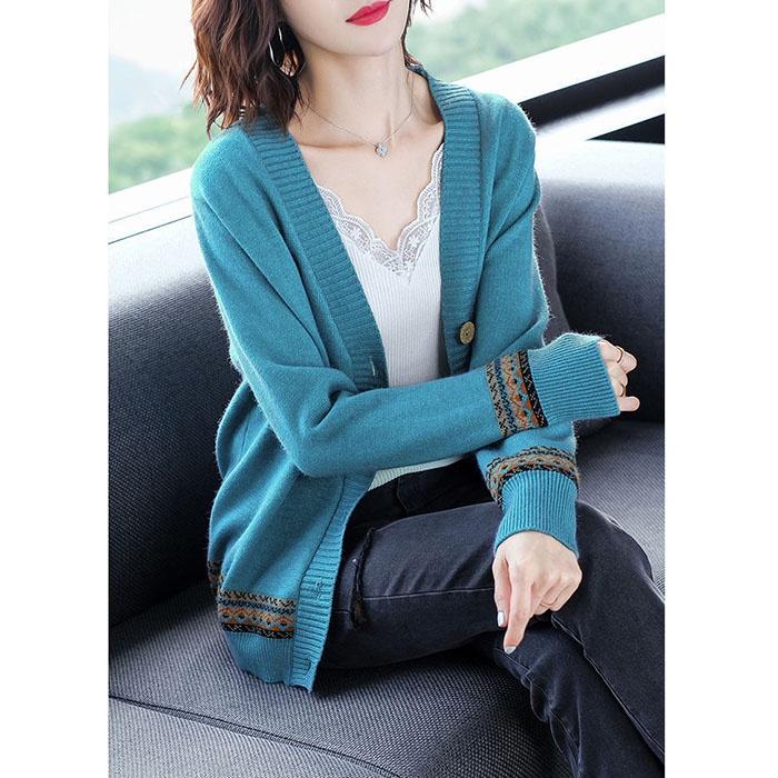 Áo khoác cardigan len nữ pha gấu thổ cẩm, chất len dày dặn thích hợp thu đông, thời trang phong cách trẻ