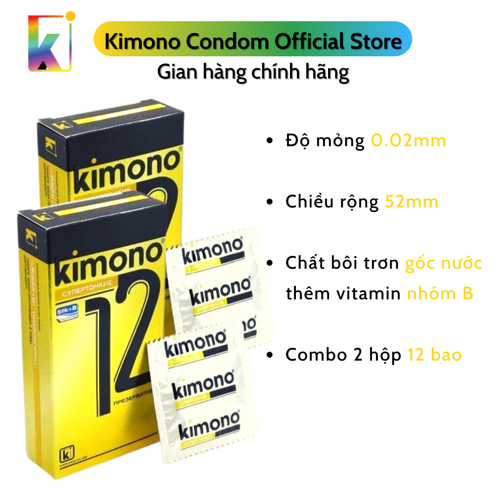 Combo 2 hộp Bao cao su Kimono Gold Siêu mỏng 0.02mm - Bôi trơn gốc nước - Loại 12 bao/hộp