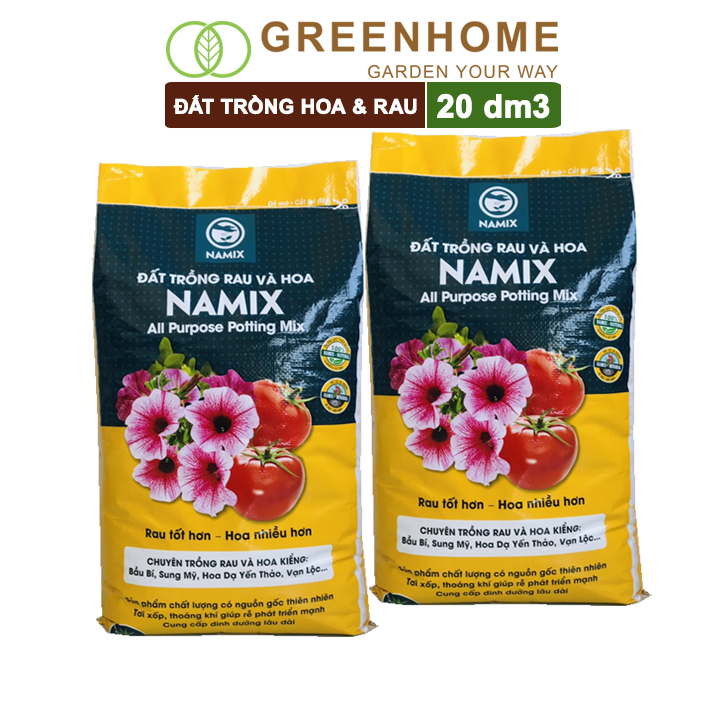 Đất trồng hoa và rau Namix, bao 20dm3 (12kg), hữu cơ, dùng ngay không cần bổ sung thêm phân bón |Greenhome