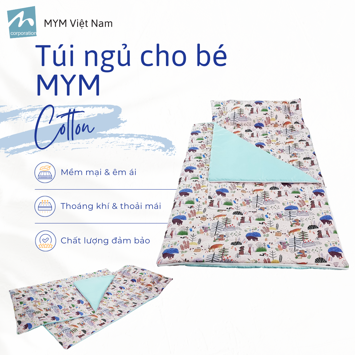 Túi ngủ cho bé MYM kích thước 70x150cm chất liệu vải Cotton mềm mại, thấm hút, êm ái