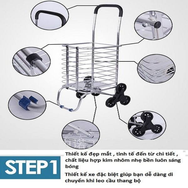 Xe kéo đi chợ 3 bánh đen leo cầu thang siêu nhẹ cao cấp