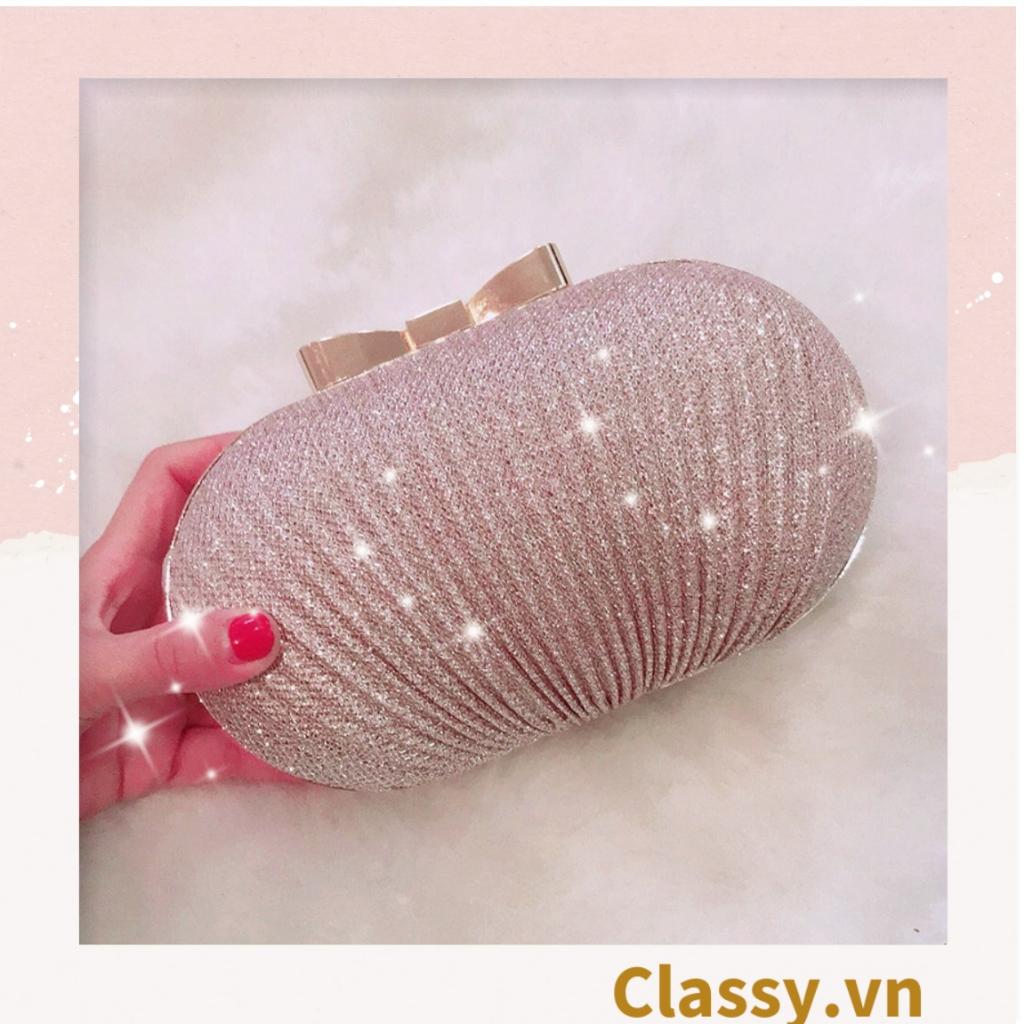 Clutch Classy cầm tay đi tiệc màu be hình bầu dục , đính đá sequin lấp lánh T589