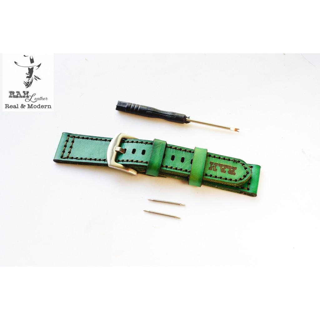 Dây đồng hồ da bò vegtan thảo mộc Ý nhuộm màu thủ công bền chắc - RAM Leather Pilot xanh rêu