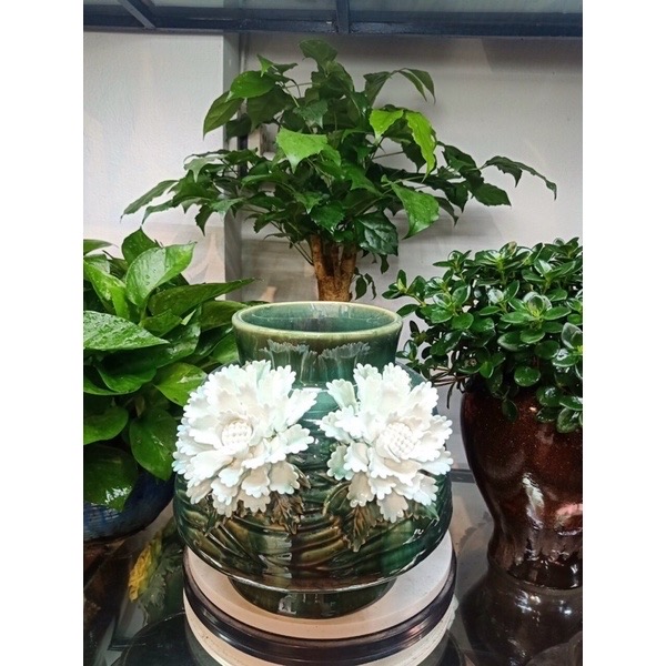 LỌ VÒ TRÒN HOA ĐẮP NỔI MEN HOẢ BIẾN MÀU NGỌC VÀ KIM SA H22cm.