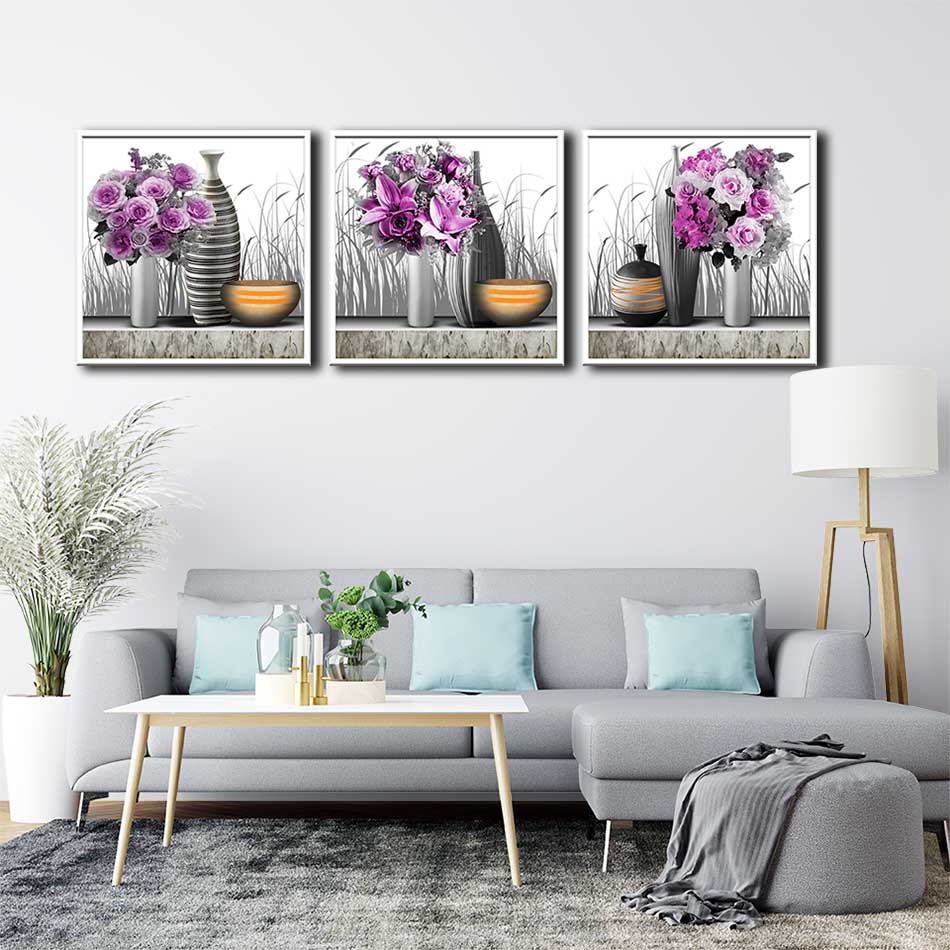 Bộ 3 tranh canvas treo tường Decor Họa tiết bình hoa cách điệu, hiện đại - DC185
