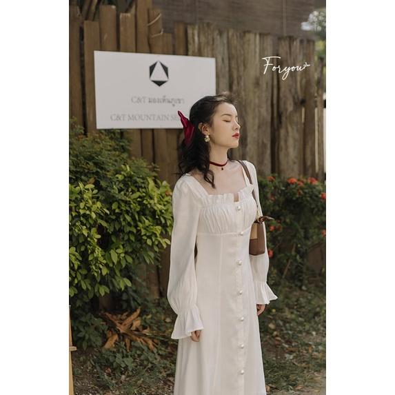 Váy đầm trắng dài nhún ngực FORYOU đầm tay dài mặc đi tiệc, đám cưới - Mia Dress