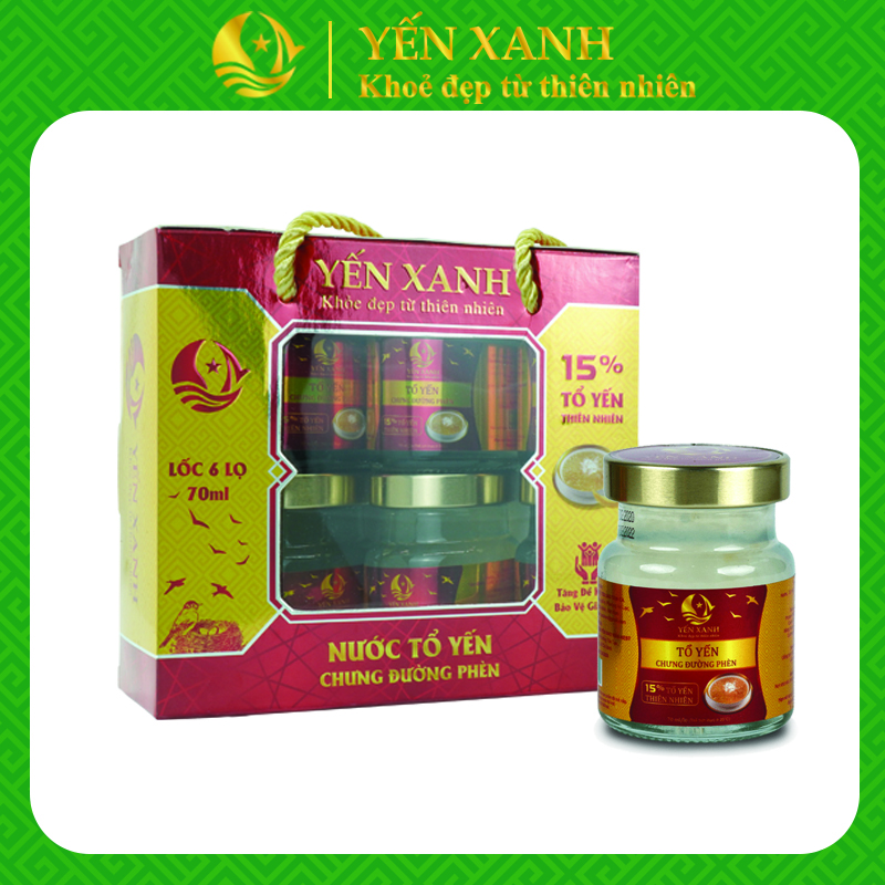 Nước tổ yến sào chưng đường phèn - YẾN XANH (15% tổ yến) - Lốc 6 lọ x 70ml có quai xách