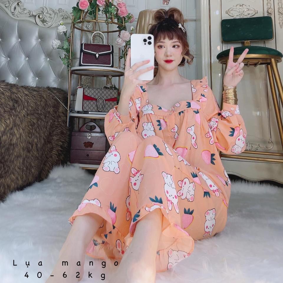 Đồ bộ nữ dài tay cổ vuông pizama lụa mango loại 1 cao cấp dễ thương giá rẻ freesize dưới 62kg MY STORE S56
