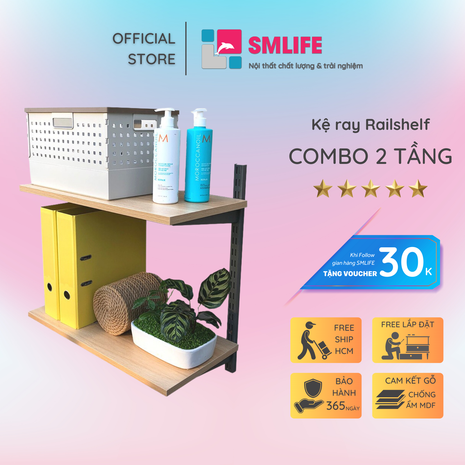 Kệ Railshelf 2 tầng H60cm - Kệ treo tường tùy biến kích thước &amp; vị trí hiện đại