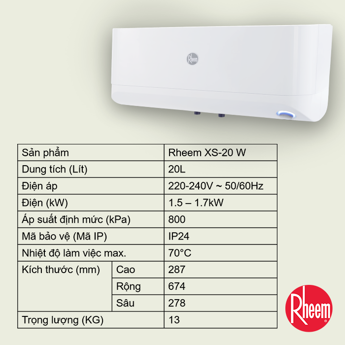 Bình Nước Nóng Gián Tiếp Rheem XS-20 W - Hàng chính hãng