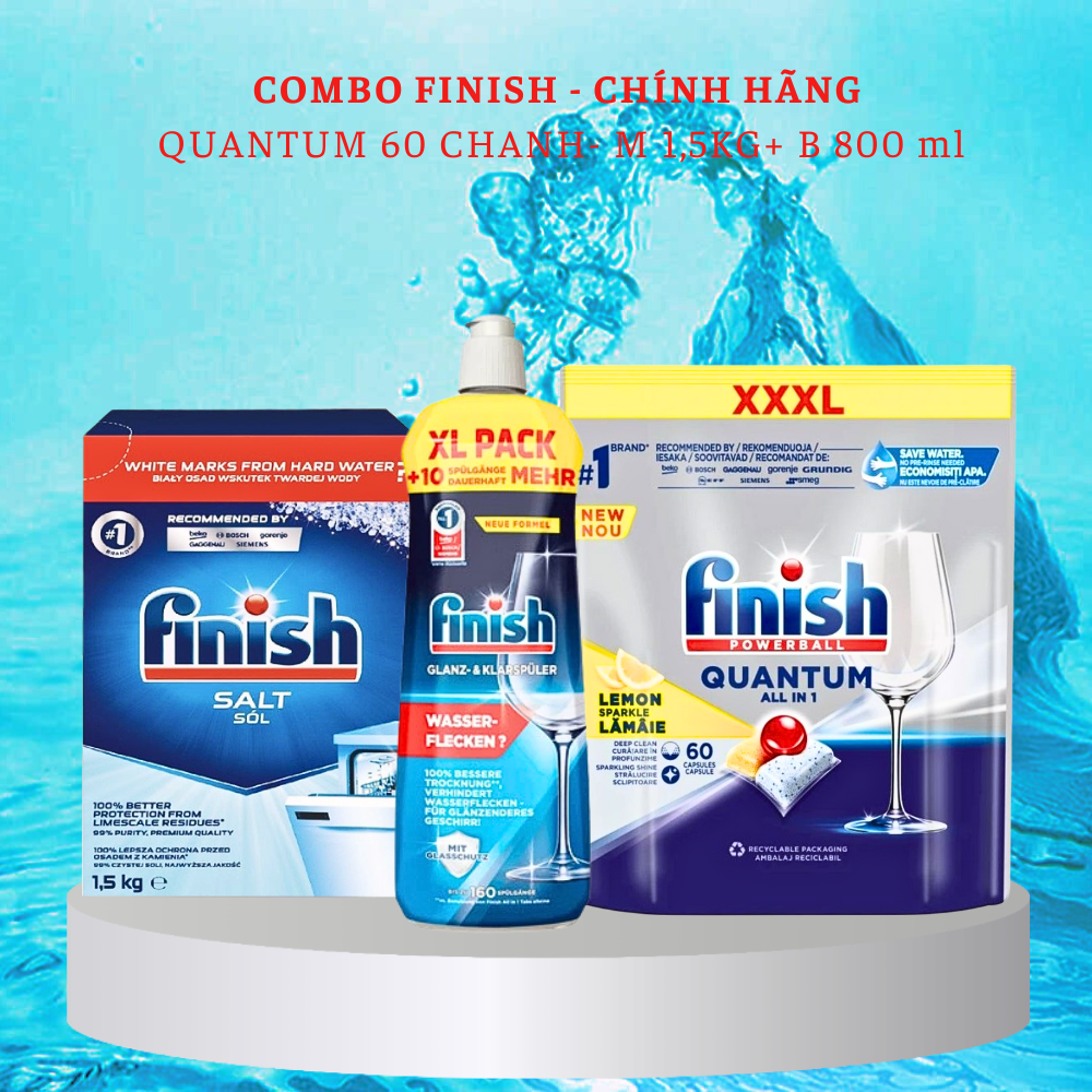 Muối Finish 1.5kg+Bóng Finish 800ml+ 72 Viên Finish Quantum Max dùng cho Máy Rửa Bát