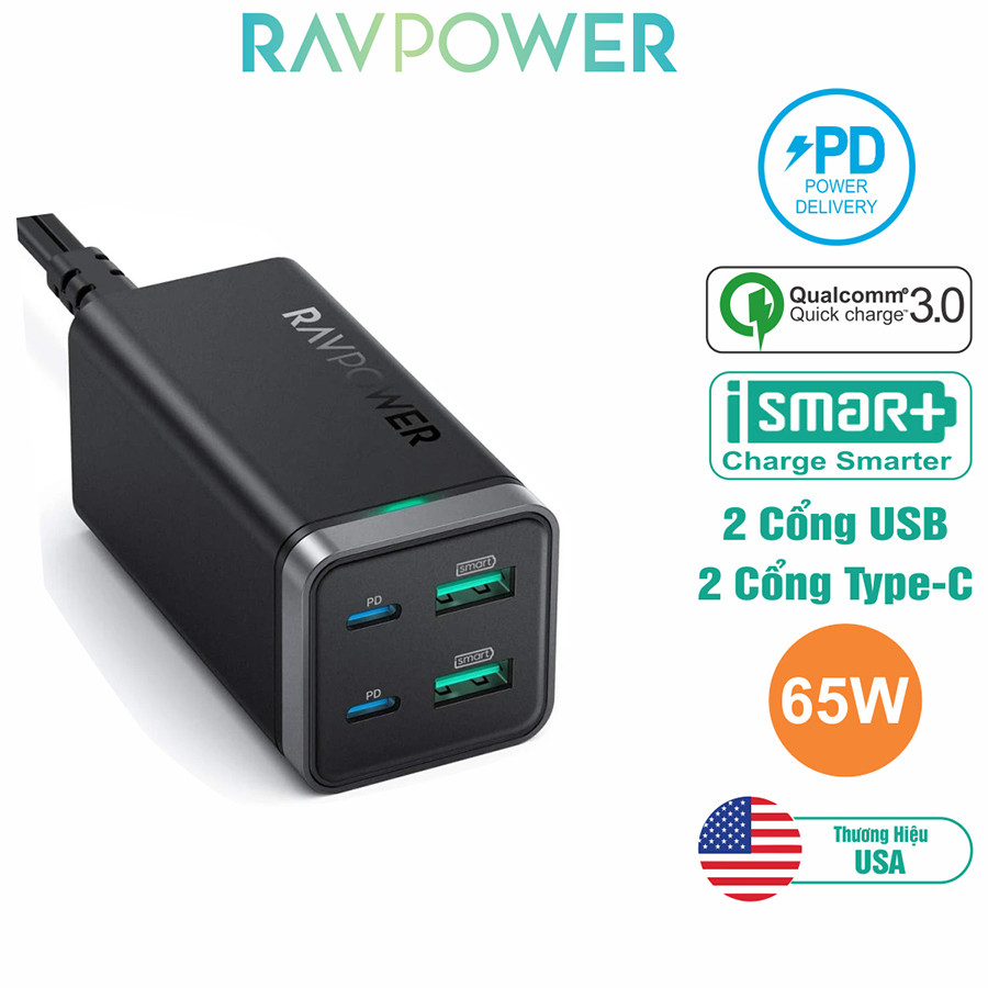 Củ Sạc Điện Thoại 2 Cổng USB-A và 2 Cổng Type-C PD 65W QC 3.0 RAVPower RP-PC136 - Hàng Chính Hãng