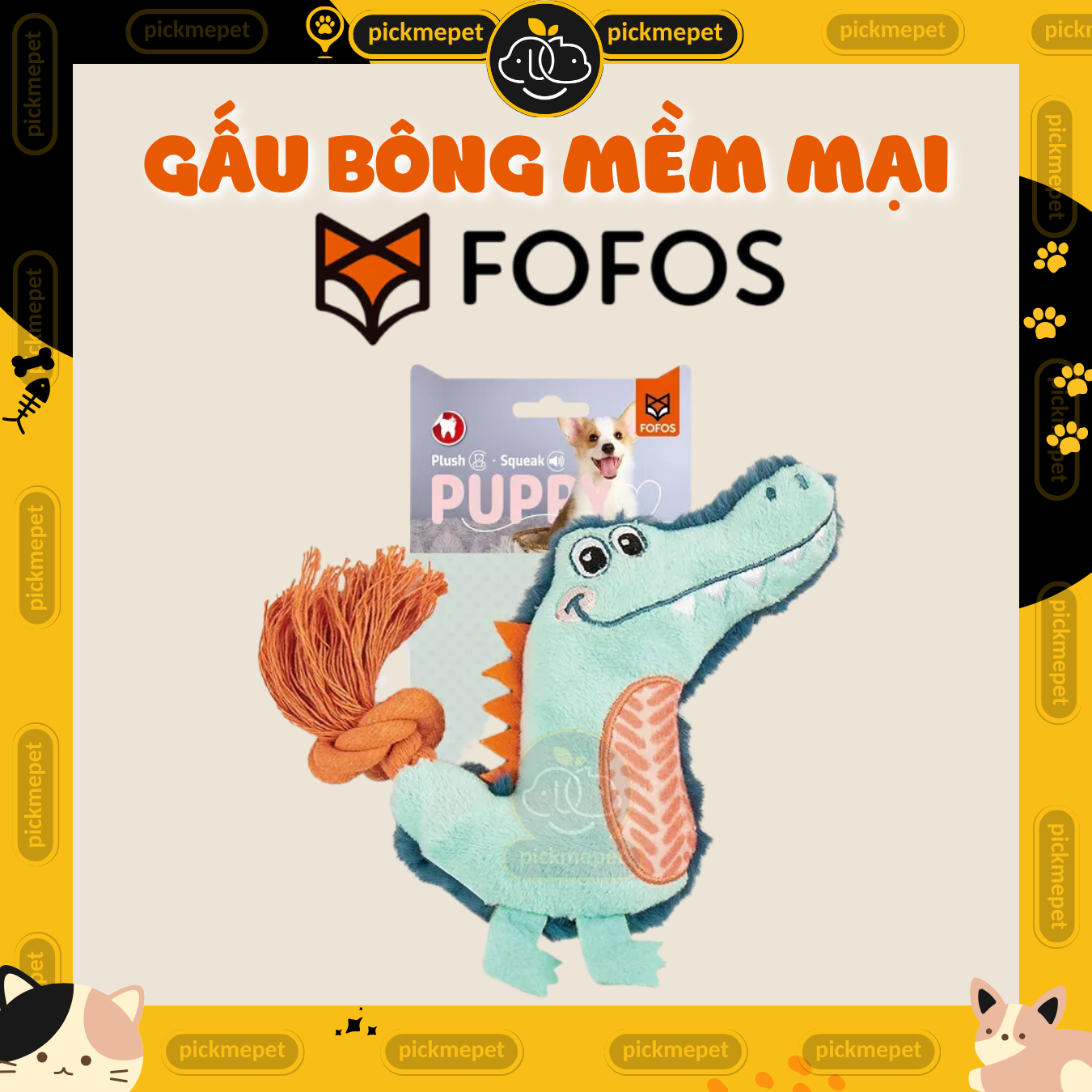 Đồ chơi cho chó FOFOS, Đồ chơi nhai gặm hình cá sấu, Tiếng kêu vui nhộn, Giúp làm sạch răng nướu chó, Vải nhung mềm mại