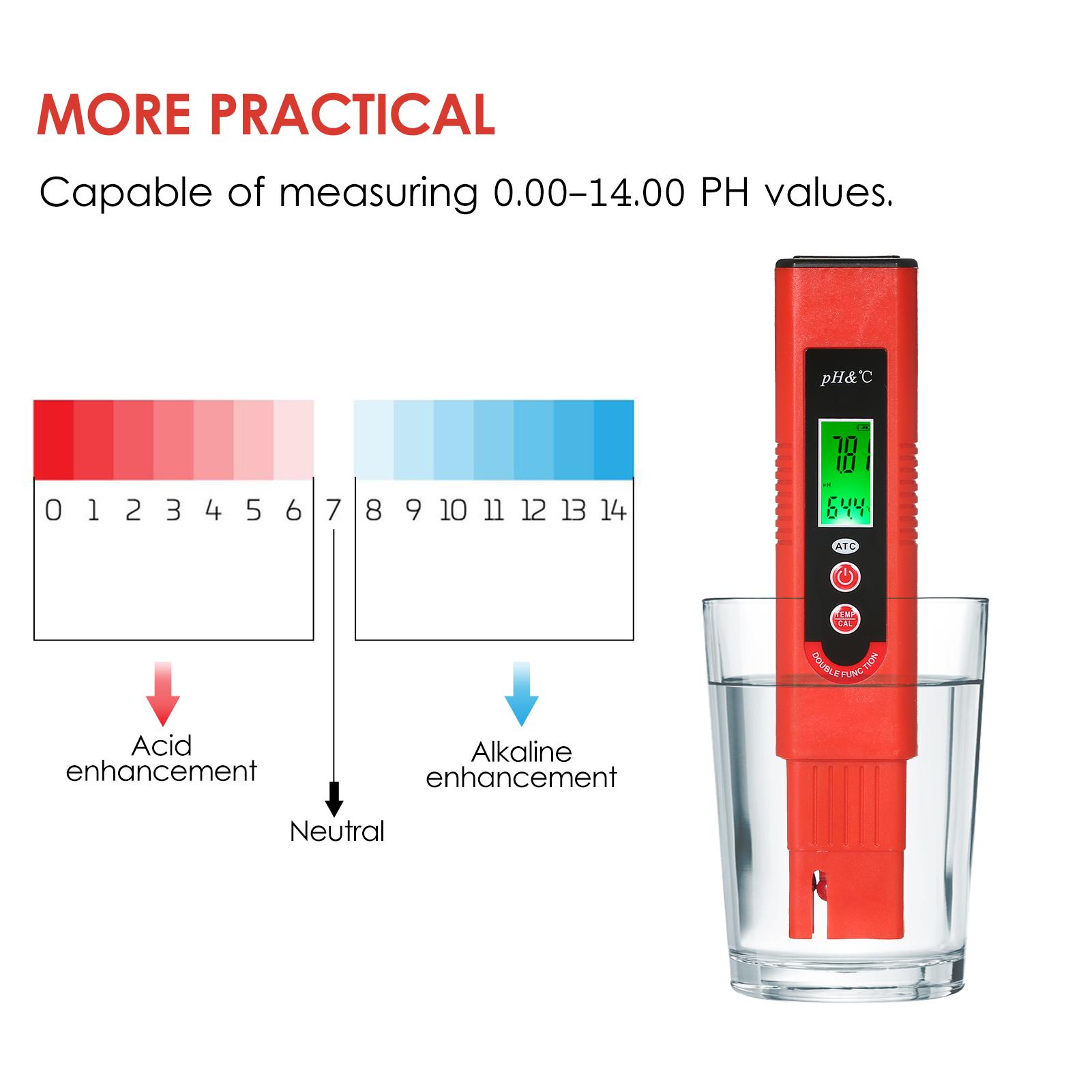 Professional & Power-saving pH-007T Pen-Type pH Meter High Precision with Automatic Temperature Compensation ATC Function Auto Calibration and Backlight LCD Acidity Tester Portable pH & TEMP Water Quality Analysis Device