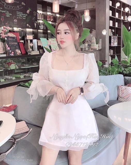 Đầm voan tay nơ đính cườm phong cách tiểu thư sang chảnh