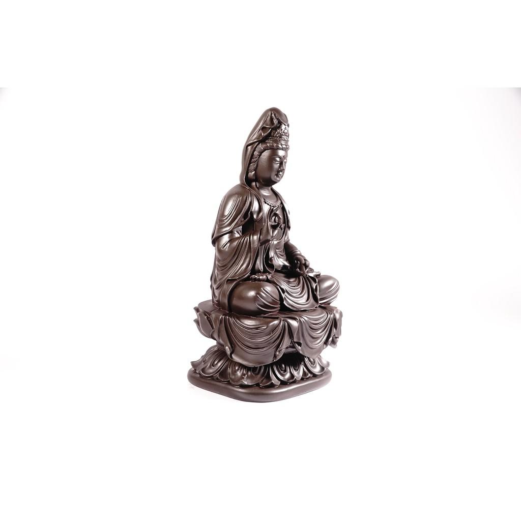 Tượng phật Bồ Tát Quan Âm ngồi đài sen nguyên khối nâu đất - Cao 19cm