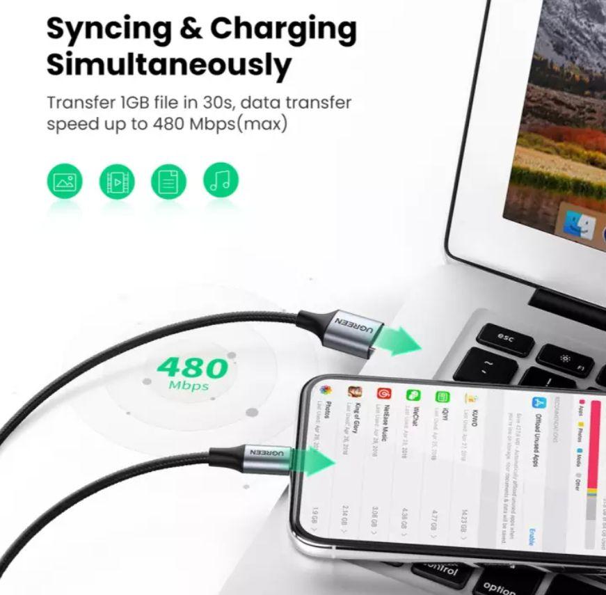 Ugreen UG60163US291TK 2M màu trắng cáp Usb mạ nickel đầu bọc nhôm chống nhiễu có chíp dành cho apple MFI chính hãng - HÀNG CHÍNH HÃNG
