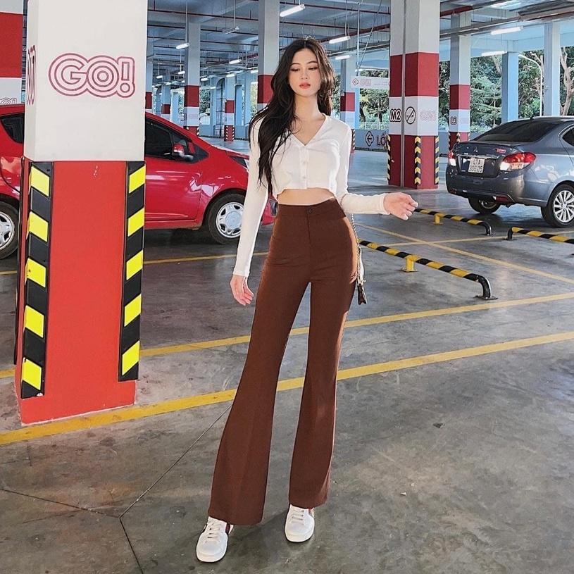 Quần ống loe cạp cao vải co giãn nhẹ tôn dáng kéo dài chân D'Lily Store
