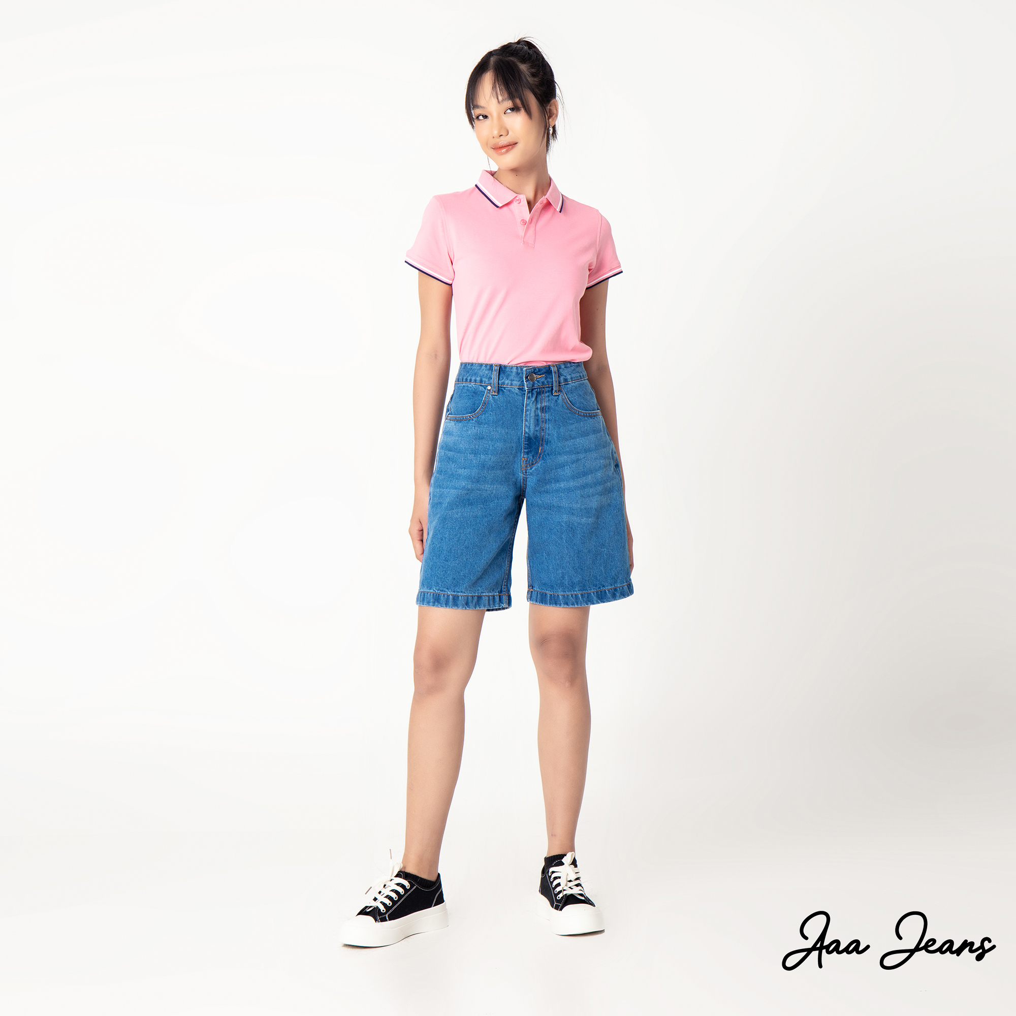 Quần short jean nữ lưng cao ngang gối Aaa Jeans