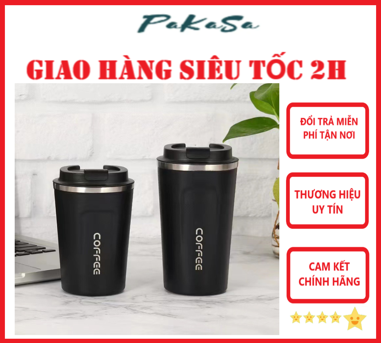 Ly Giữ Nhiệt Coffee Inox 304 Dung Tích 510Ml Cao Cấp Kiểu Dáng Hàn Quốc Cầm Tay Sang Trọng - Chính Hãng - Màu Đen