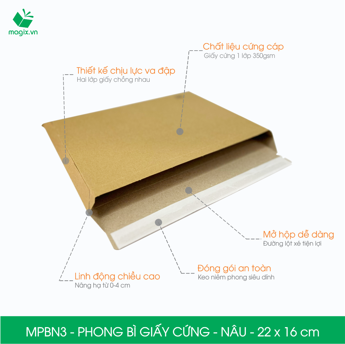 MPBN3 - 22x16 cm - Combo 60  phong bì giấy cứng đóng hàng màu nâu thay thế túi gói hàng