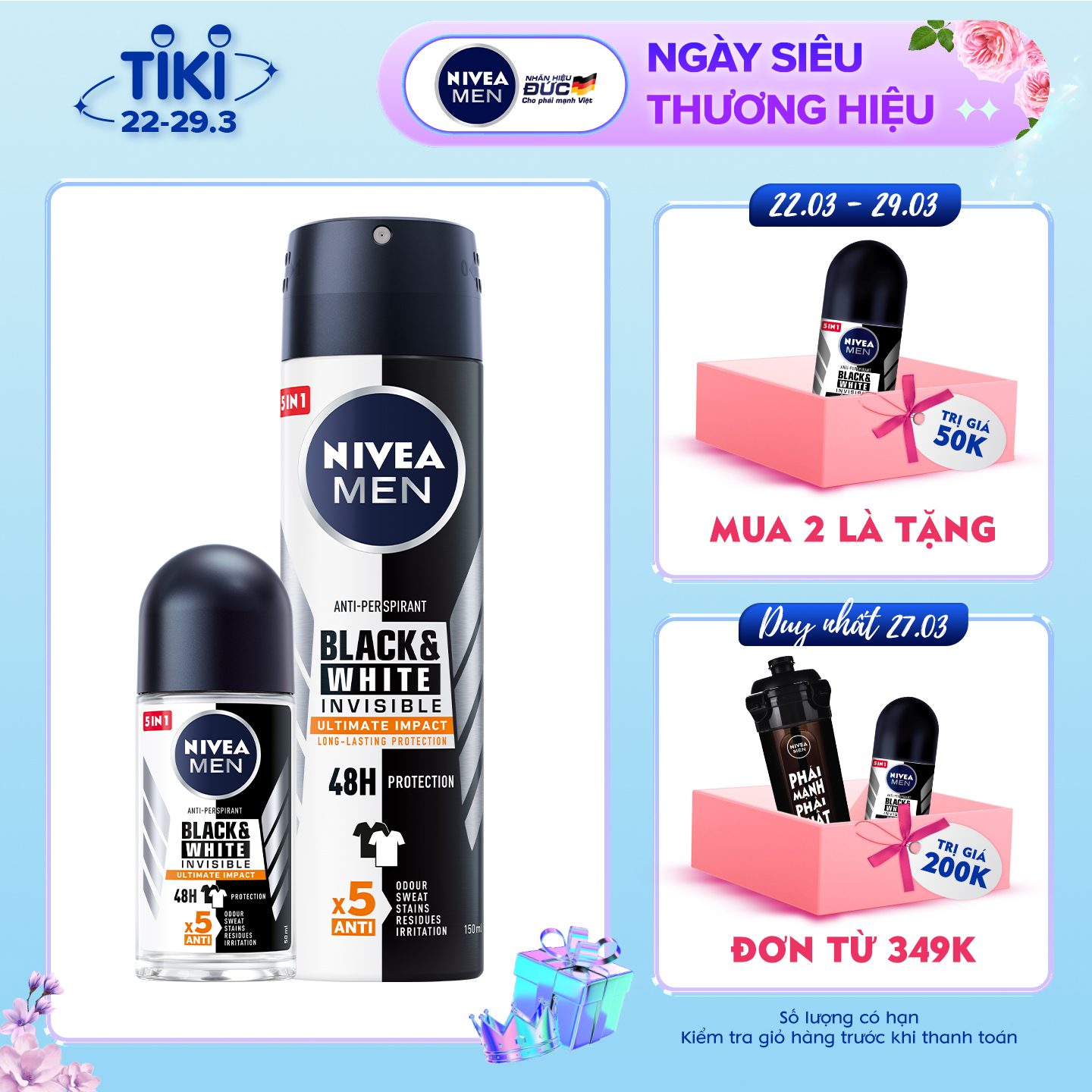 Bộ đôi Lăn Ngăn Mùi NIVEA MEN Black &amp; White Ngăn Vệt Ố Vàng Vượt Trội 5in1 (50ml) - 85392 &amp; Xịt Ngăn Mùi NIVEA MEN Black &amp; White Ngăn Vệt Ố Vàng Vượt Trội 5in1 (150ml) - 85388